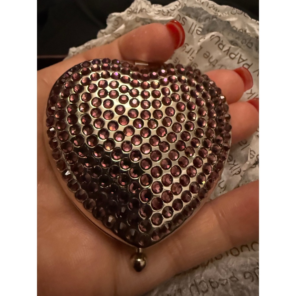 Papyrus Heart Shaped Compact Mirror Purple Rhinestone Silver Tone Gift Boxed